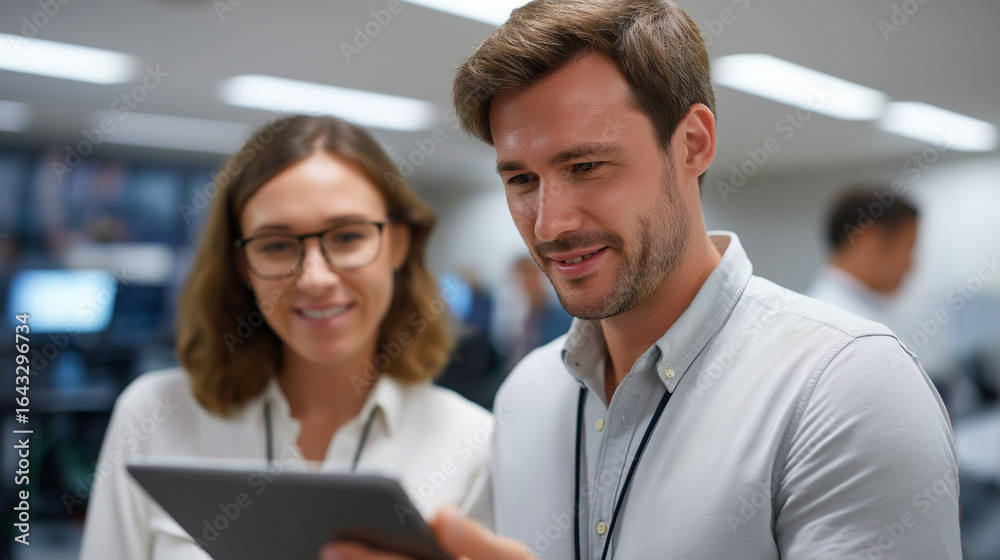 Obraz premium Project Manager and Engineer Discuss Technology in Telecom Office