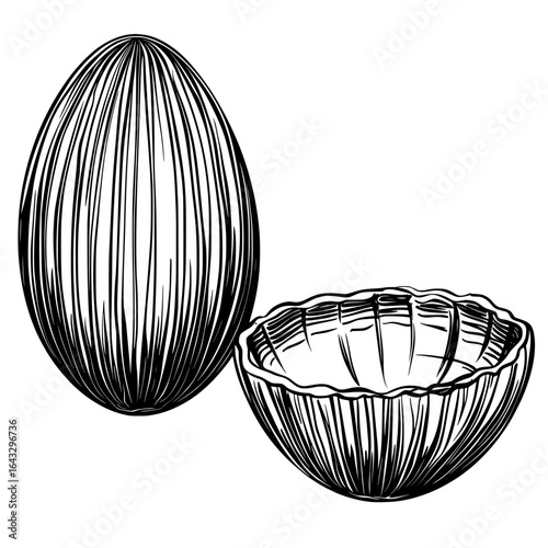 A broken realistic eggshell, split into two halves, reveals a chocolate Easter egg, a classic traditional dessert for kids, made with milk and cacao, containing a surprise, illustrated on a white