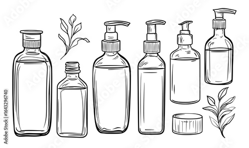 In a realistic illustration, a collection of plastic bottles, such as a sanitizer bottle, are shown on a dark transparent background, emphasizing their importance in preventing the spread of