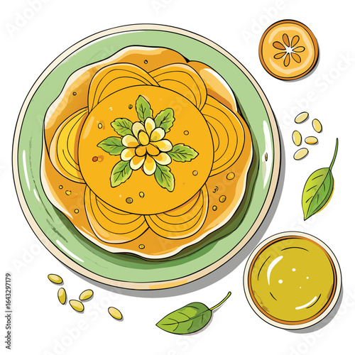 A beautifully illustrated dish of golden pancakes adorned with a floral arrangement of fruit and mint leaves served with a side of honey