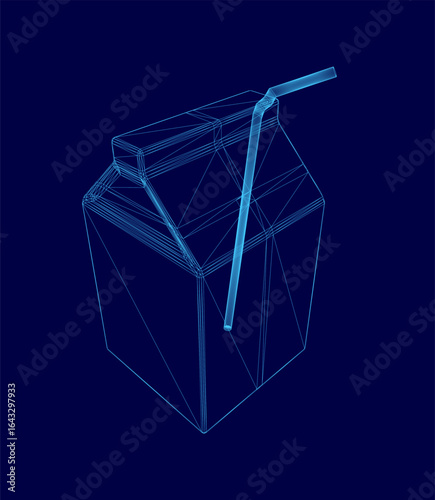 A blue milk package with a straw protrudes from the top, featuring a clean wireframe design. The dark blue background enhances the modern aesthetic. The minimalist composition highlights the drink.