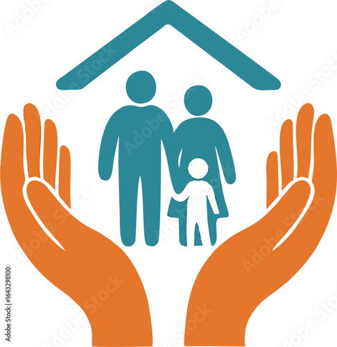 lat vector of two caring hands holding a family under a house roof, symbolizing safety, home protection, family care, and community support services.