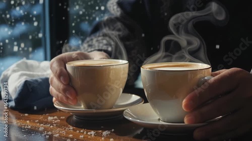 Two cups of steaming coffee held by hands near a window with falling s