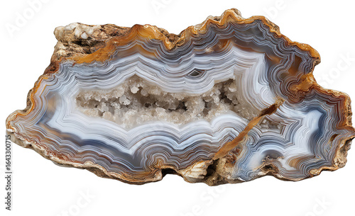 Polished agate slice with intricate banding and crystal cavity