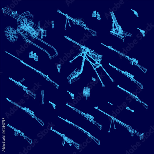 Blueprint of a machine gun with detailed wireframe design, featuring barrel, muzzle, and handle on a solid blue background. The intricate components contrast sharply against the clean backdrop.