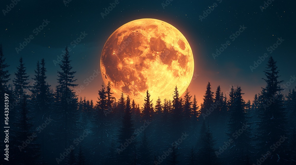 Fototapeta premium Orange moon over forest at night