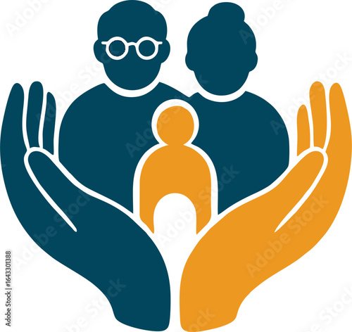 Flat vector illustration of protective hands embracing three generations of family, symbolizing care, safety, love, and intergenerational support in community life.
