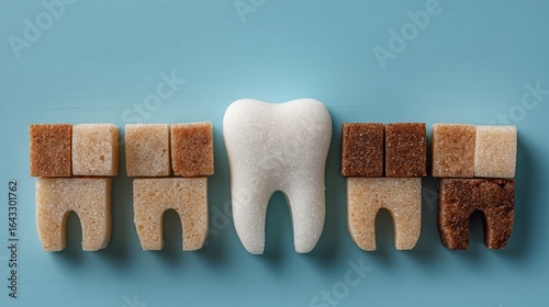 Creative arrangement of sugar cubes in the shape of teeth on a blue background illustrating dental health concepts