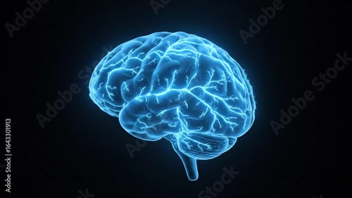 Bright blue glowing brain suitable for medical, science, technology, and mental health concepts. Perfect for web banners and presentations.