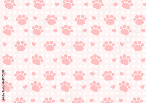 Soft pink pattern background with paws of animals cats dogs on a checkered background