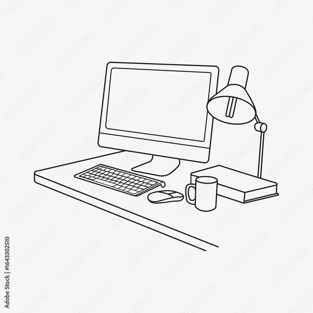 Fototapeta premium Office workspace, computer desktop line art illustration