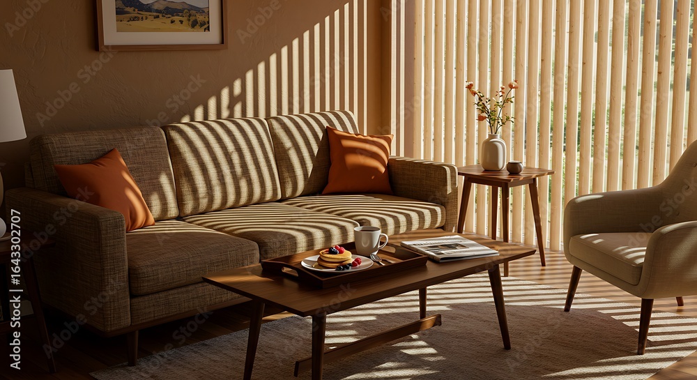 Fototapeta premium mid century living room with a breakfast tray on the coffee table
