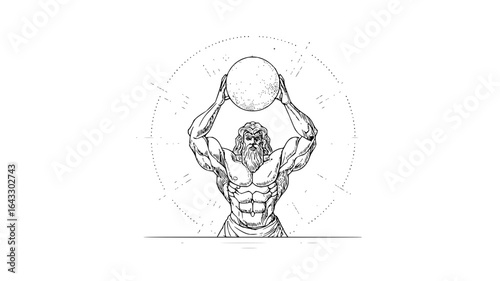 Illustration of a muscular man with a beard holding a sphere above his head surrounded by a dotted circle