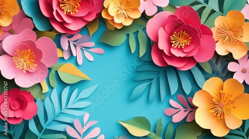 Vibrant paper flower arrangement with a tropical flair against blue backdrop