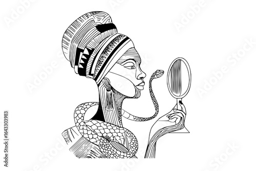 Line art of a woman with a headdress and snake looking at herself in a hand mirror illustration