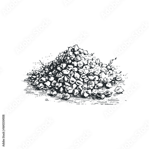 Heap of buckwheat groats with stems in sketchy ink drawing