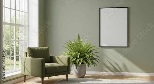 Blank poster mockup on a sage green wall in a sunlit room with a green armchair and houseplant by the window