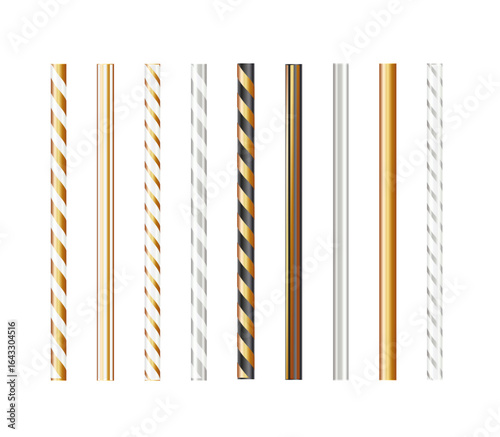 Realistic reusable glass, steel, paper drinking straws as alternative replacement for classic disposable plastic drinking straw, isolated objects on white background. Vector