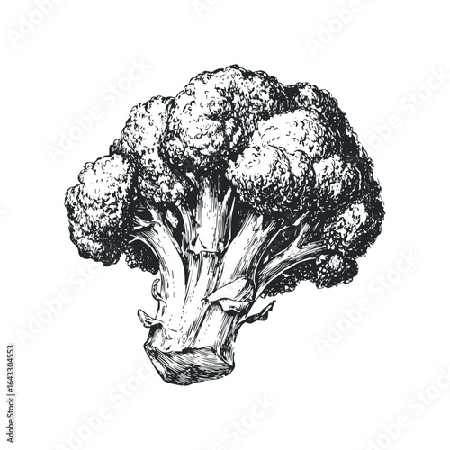 Detailed Etching of a Single Broccoli Florets on White Background
