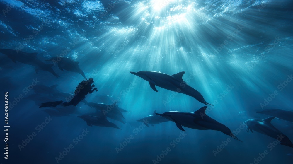 Obraz premium Underwater exploration with dolphins in sunlit ocean depths