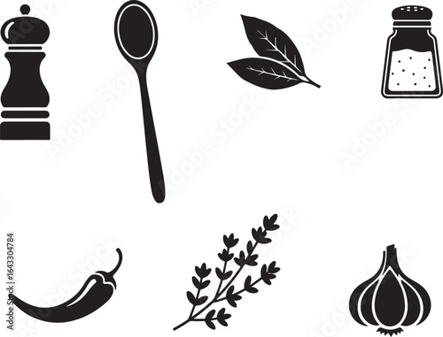 Cooking and seasoning ingredients black and white