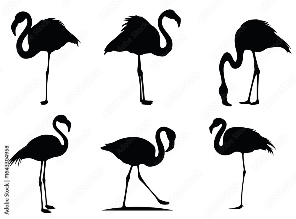 Obraz premium Minimal vector depiction of flamingos as black silhouettes, conveying tropical charm and elegance. Suitable for surface design, decorative prints, lifestyle blogs and summer themed media
