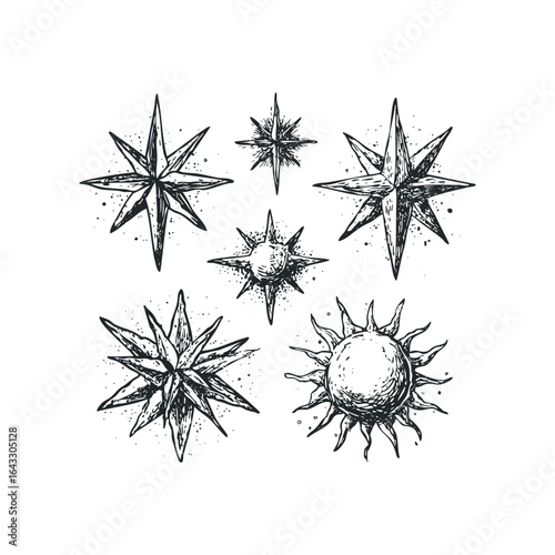Collection of sketched celestial bodies including stars and sun