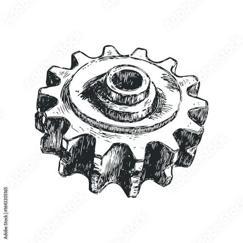 Hand drawn sketch of a single metal cogwheel with central hub
