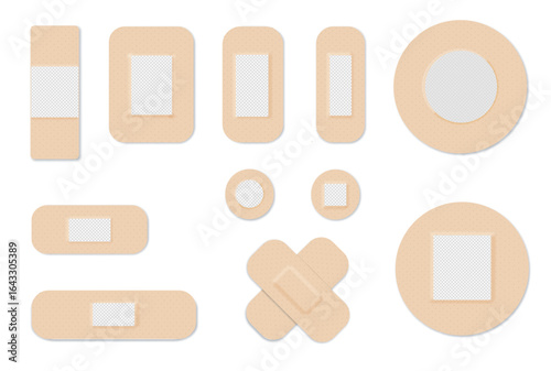 Medical plasters. Bandages set. Adhesive bandage for first aid for wounds operations and skin injuries. Protecting open wound from infection. Vector