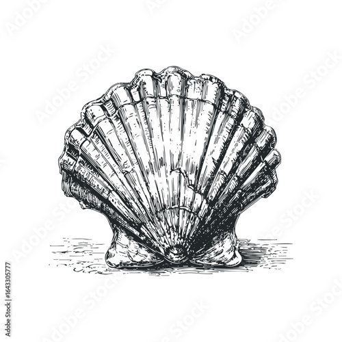 Detailed Monochrome Line Art of a Scallop Shell