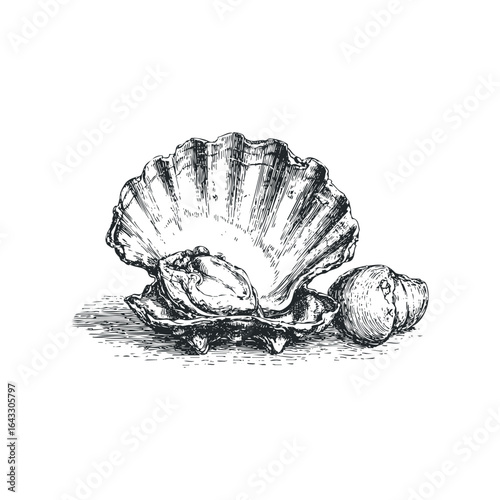 Detailed sketch of two fresh oysters in open shells with a separate whole oyster