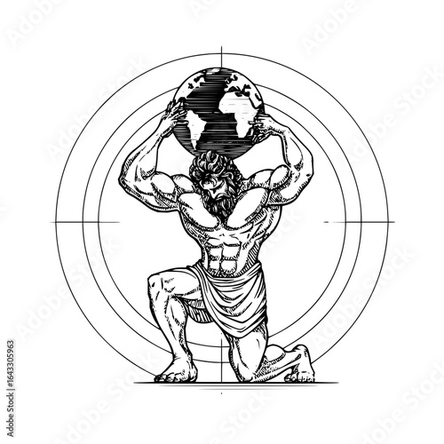 Illustration of atlas kneeling and holding the world on his shoulders with circular lines in the background