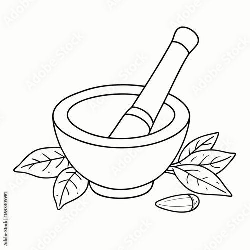 Mortar and pestle with fresh leaves for herbal medicine preparation with copy space for natural remedies concept