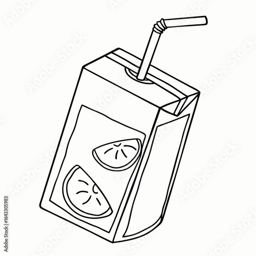 Juice box with straw and citrus slice illustration for refreshing summer beverage packaging concept with copy space