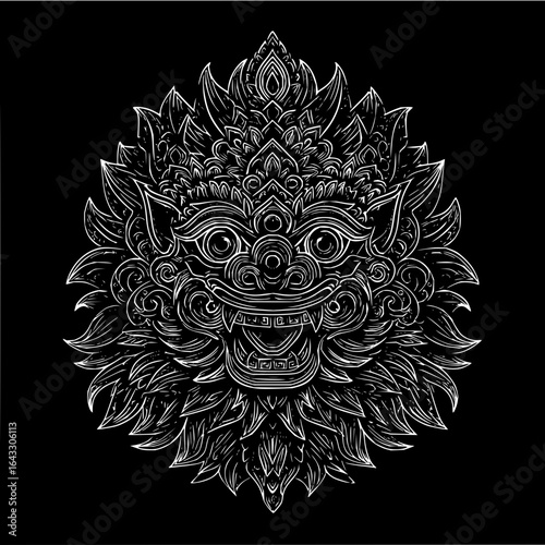 Detailed white line art of a mythical creature face with ornate elements on a black background design style
