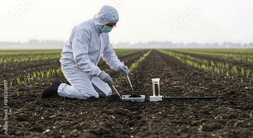 Agronomist in protective gear conducting soil sample analysis in a freshly planted agricultural field.