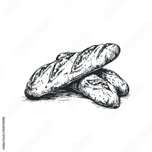 Sketch of three rustic loaves of bread on a white background