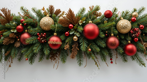 Festive evergreen bough bedecked with ornaments