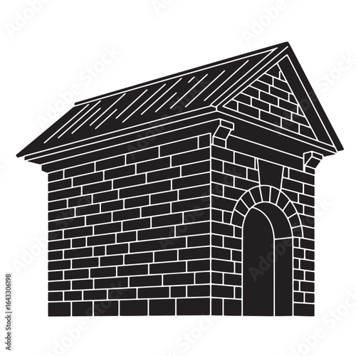 Black and white illustration of a brick building with arched door and roof