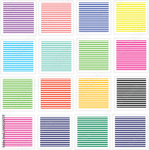 Seamless pattern of colorful striped postage stamps on a light background. set of vector seamless patterns