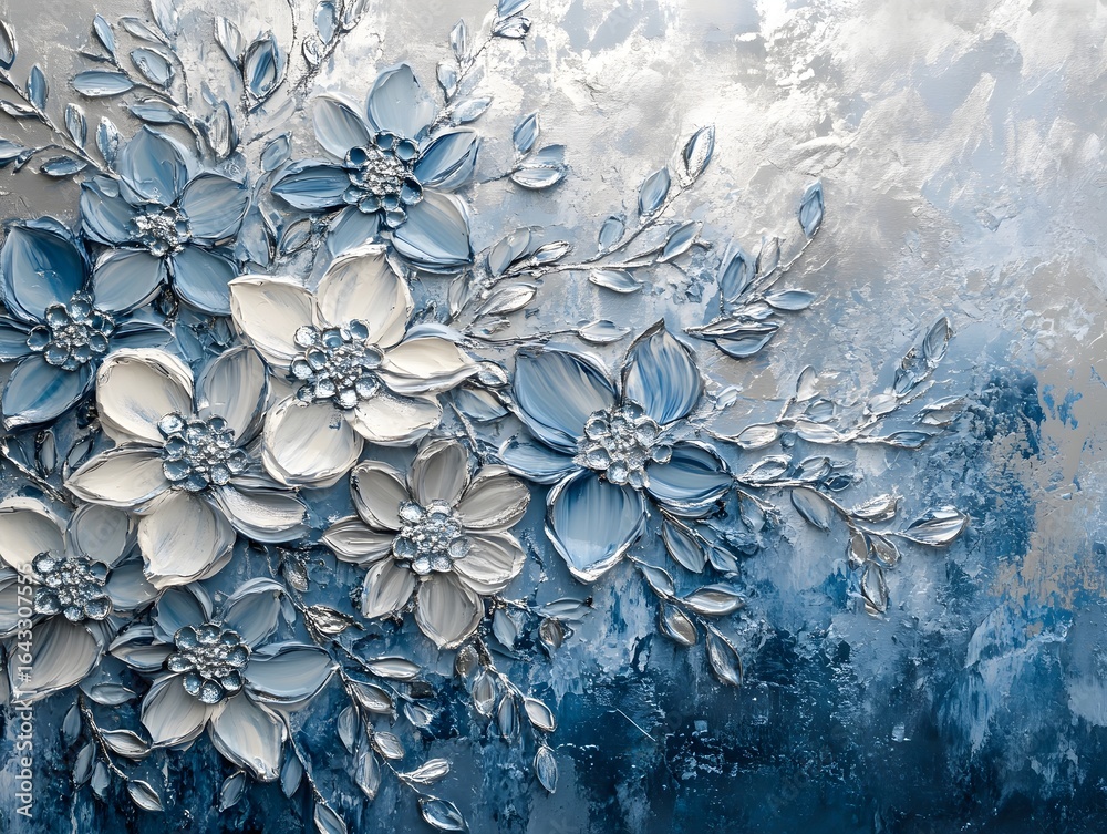 Textured abstract floral painting with blue and white hues