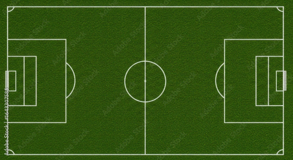 Obraz premium Aerial perspective of a football pitch diagram. Soccer field with white markings on green grass texture for sports concepts.