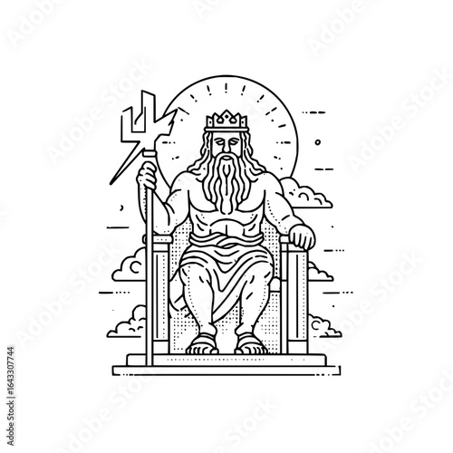 Illustration of poseidon sitting on a throne holding a trident with a sun behind him in black and white