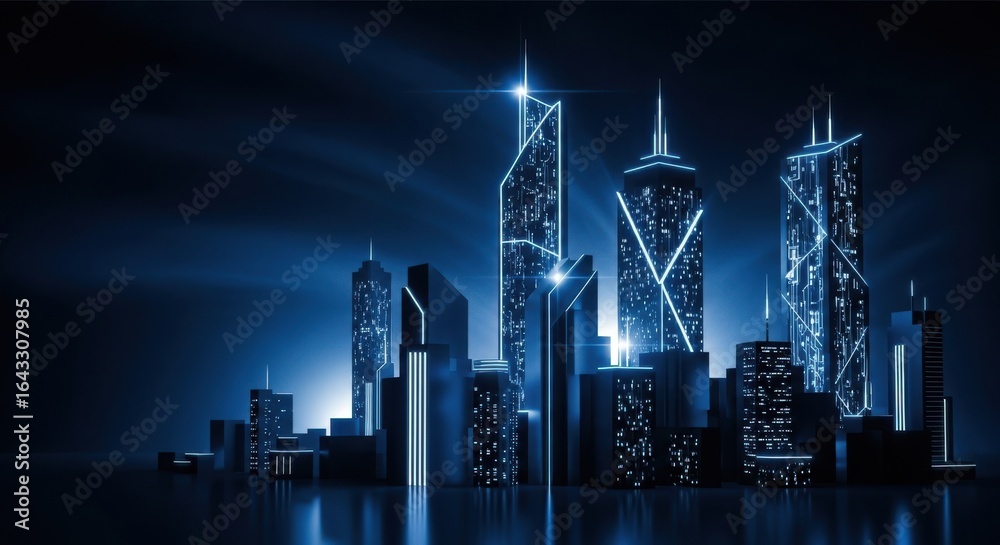 Obraz premium Futuristic Cityscape with Glowing Blue Lights and Modern Architecture