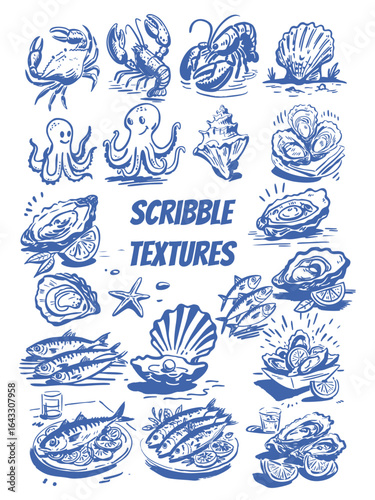 Hand drawn different mediterranean food set. Oysters, Starfish, octopus, crab, lobster, conch, scallop, fish. Dolce vita table setting coast food drawings for cafe or restaurant menus design. Doodles