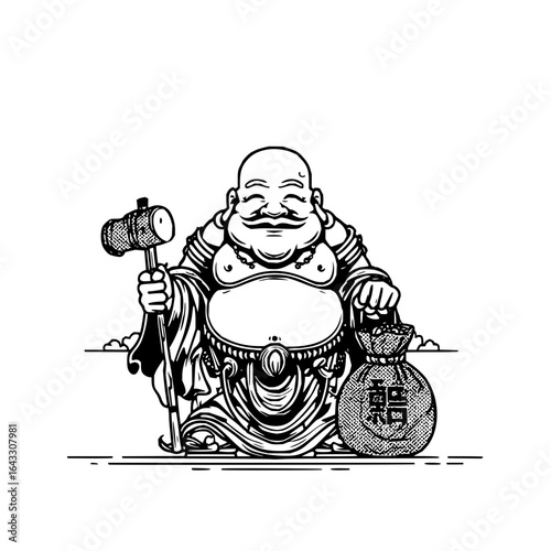 Illustration of a happy buddha holding a mallet and a bag with asian characters in black and white style