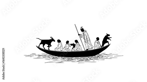 People Rowing Boat with Dog on Water