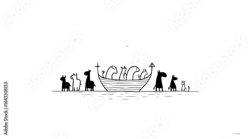 Dogs Riding Boat on Water in Black and White