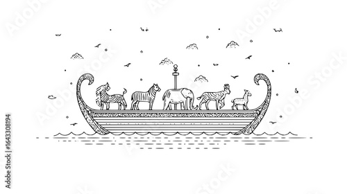 Noahs Ark Floating on Water with Animals Onboard during Flood