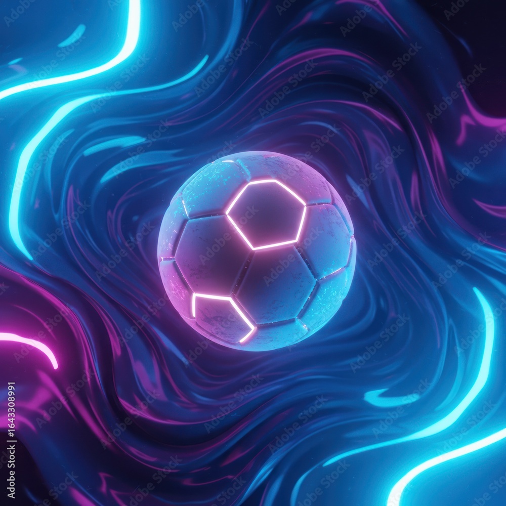 Fototapeta premium Futuristic neon soccer ball suspended in a swirling vortex of vibrant blue and pink energy.